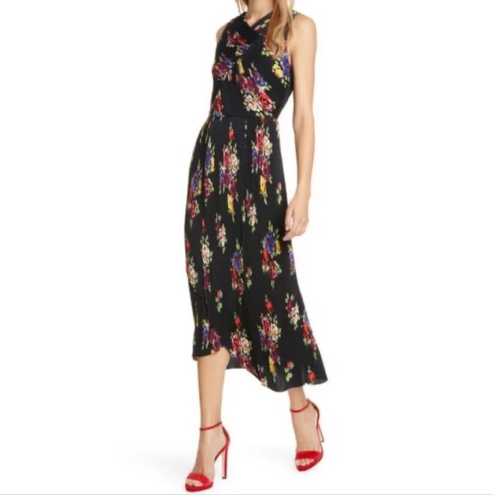 KATE SPADE Dress Size 8 Black Rare Floral Pleated Midi Y2k 90s Assymetrical - Picture 1 of 9